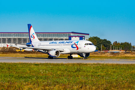 KHABAROVSK, RUSSIA - SEP 29, 2018: Airbus A320 VP-BBQ Ural Airlines taxiing for take off at Khabarovsk international airportのeditorial素材