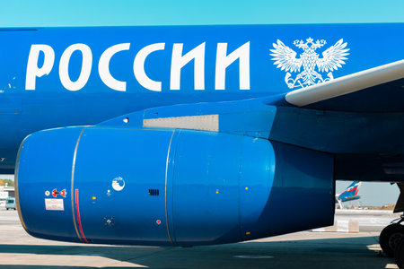 KHABAROVSK, RUSSIA - SEP 29, 2018: Tupolev Tu-204 RA-64051 Aviastar Airlines stands in Khabarovsk airport. The Plane Is Russian Post.のeditorial素材