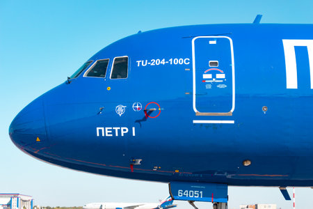 KHABAROVSK, RUSSIA - SEP 29, 2018: Tupolev Tu-204 RA-64051 Aviastar Airlines stands in Khabarovsk airport. The Plane Is Russian Post.のeditorial素材