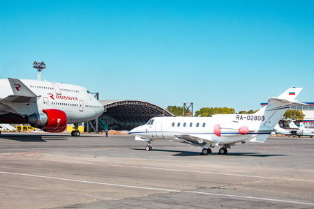 KHABAROVSK, RUSSIA - SEP 29, 2018: Hawker Siddeley HS-125-700A RA-02809 Weltall-Avia stands in Khabarovsk airport.のeditorial素材