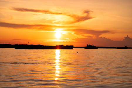 Sunset on the Amur river embankment in Khabarovsk, Russia.の写真素材