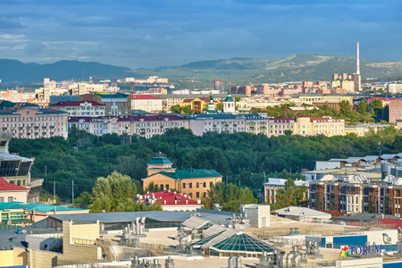 Ulan-Ude, Russia - July 20, 2022: Panoramic view from the height of the city in summer on a bright sunny day.のeditorial素材