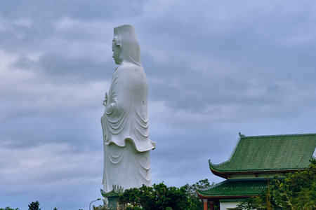 A close-up statue of the Lady Buddha at the Lin Ung Buddhist Temple on the Seoncha Peninsula near Da Nang, Vietnamの写真素材