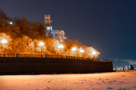 Evening view of the city of Khabarovsk in the winter. The ice on the Amur river.の写真素材
