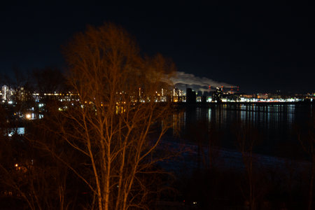Evening view of the city of Khabarovsk in the winter. The ice on the Amur river.の写真素材