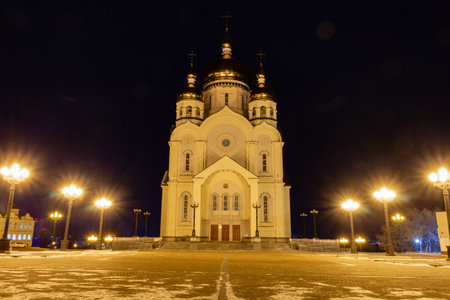 Spaso-Preobrazhensky Cathedral in Khabarovsk at nightの写真素材