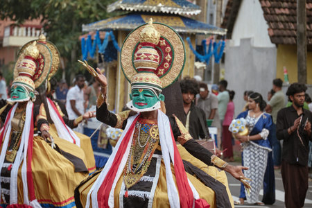 Hikkaduwa, Sri Lanka - Dec 28, 2025: A procession of Sri Lankan people in national costumes during...