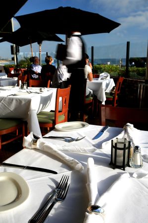 Place setting at an outdoor restaurantの写真素材