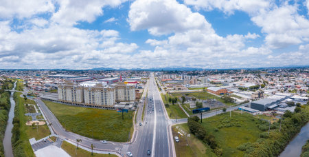 Deputy JoÃ£o Leopoldo Jacomel Highway (PR 415), entrance to Pinhais, the smallest municipality in the state of ParanÃ¡. Drone image on the border with Curitiba, capital of the state.の写真素材