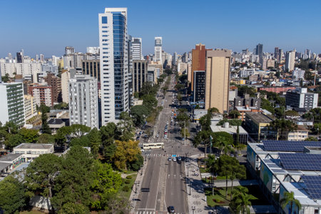 Image using drone, on a sunny day, of the central region of the city of Curitiba, capital of the state of Parana, southern Brazil.の写真素材