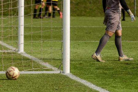 Football pitch with synthetic grass, with a ball in the lower left third, with goalposts, goal net and the goalkeeper, with three referees in the backgroundの写真素材