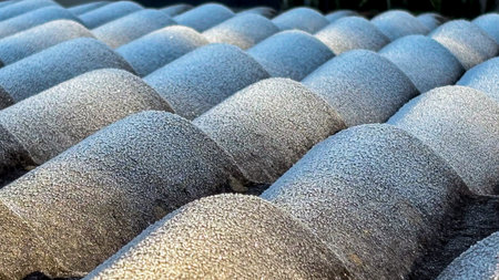 Close-up of ice caused by frost on a roof, this one in gray and the framing is symmetricalの写真素材