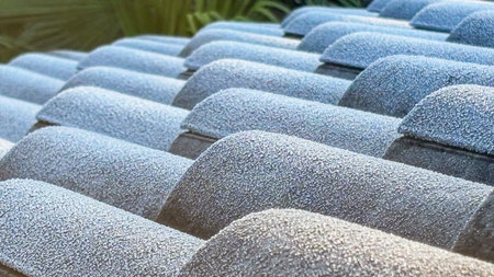 Close-up of ice caused by frost on a roof, this one in gray and the framing is symmetricalの写真素材