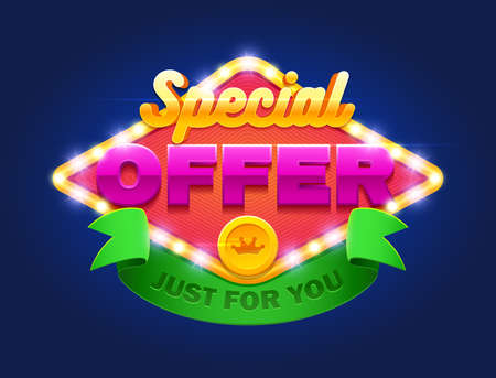 Retro sign with lamp Special offer banner. Vector illustration design with graphic element, emblem, discount, web page, flyer, promotion, application etc.のイラスト素材
