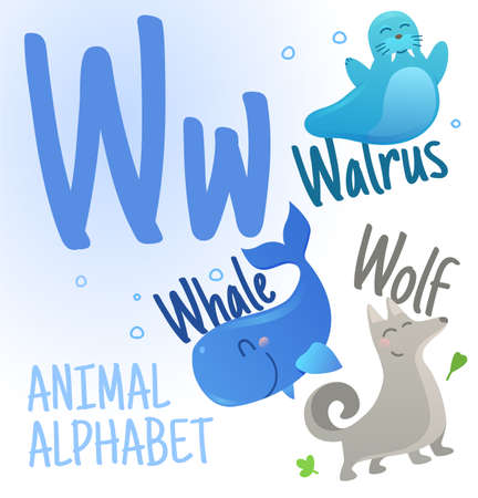 Animal alphabet in vector. W letter. Very cute cartoon animals Walrus,Wolf,Whale.のイラスト素材