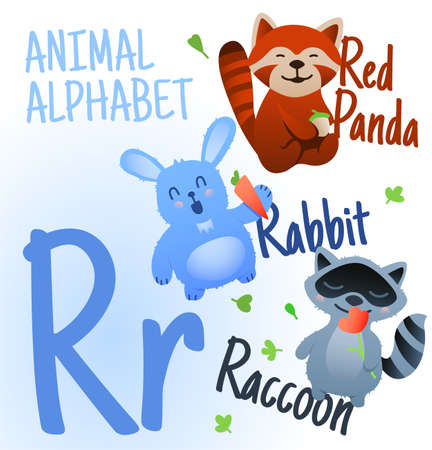 Animal alphabet in vector. R letter. Very cute cartoon animals Raccoon, Rabbit, Red Panda.のイラスト素材