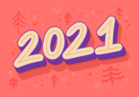 New Year 2021 vector greeting card template. Trendy retro font number on red background. Decorative childish hand drawn fir trees doodles.のイラスト素材