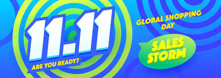 11.11 Global shopping Sale horizontal banner or Promotion on blue background. Online shopping store...