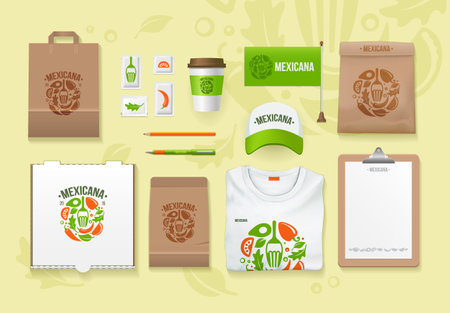 Vector food identity template design set. Branding MockUps. Packages Mock-up Pack for your company. Mexican food templateのイラスト素材
