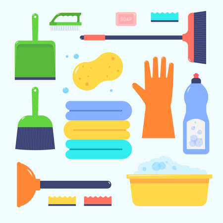Cleaning service icon template. Cleaning set flat icon. Cleaning company design element for web, banner, shop. Cartoon cleaning illustration.のイラスト素材