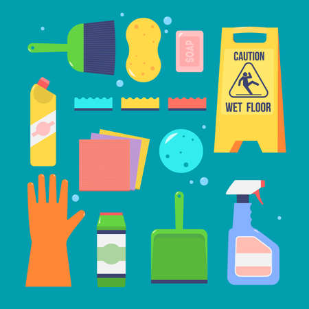 Cleaning service icon template. Cleaning set flat icon. Cleaning company design element for web, banner, shop. Cartoon cleaning illustration.のイラスト素材