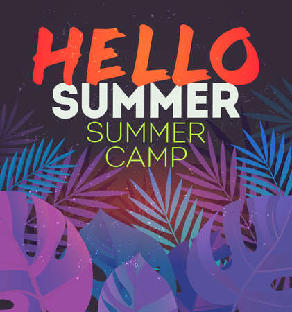 Hello Summer Holiday and Summer Camp poster. Traveling template poster ,vector illustration. Holiday party poster with palm leaf and lettering hello summer. Summer time backgroundのイラスト素材