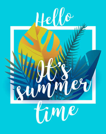 Traveling template poster, vector illustration. Party poster with palm leaf and lettering hello summer time - stock vectorのイラスト素材