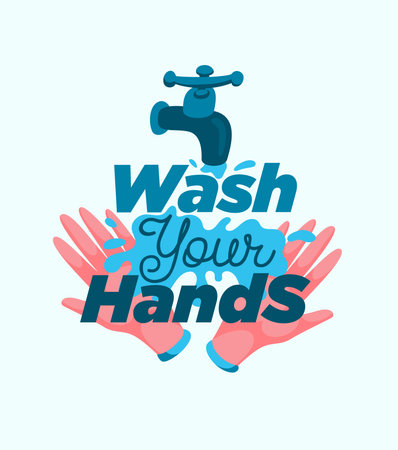 Personal hygiene vector poster. Two hands with water and lettering concept healthy lifestyle. Wash your hands poster flat vector illustration.のイラスト素材