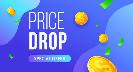 Price drop red vector banner, sale poster design. Super offer business finance crisis concept. Financial falling price vector bannerのイラスト素材
