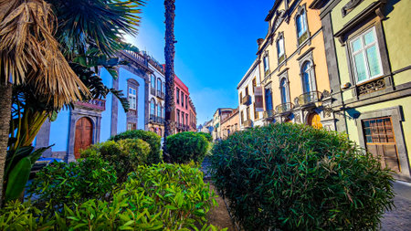 colorful facade of house in the historic district of las palmas in spain on the island of gran canariaの写真素材