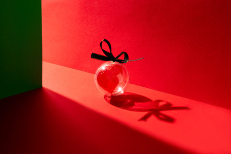 A Valentine heart in a transparent Christmas bauble throwing a shadow on a vibrant red background.の写真素材