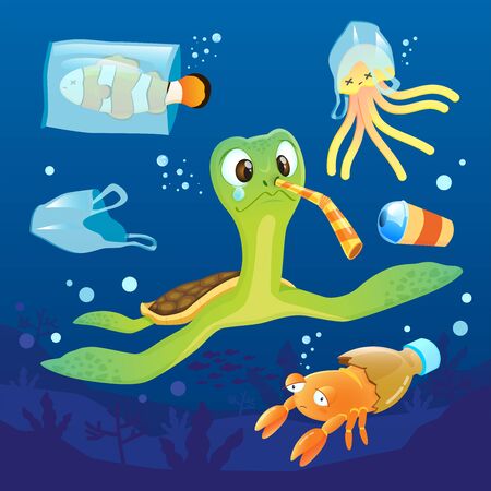 Ocean pollution impacts on sea turtle and sea animals, Sad of sea animal.のイラスト素材