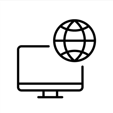 Online. PC. Remote job, home office, work from home. Vector line icon. Editable illustration. Pictogram.のイラスト素材