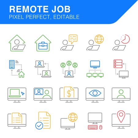 Remote job, home office, work from home. Vector line icon set. Editable illustration. Business pictogram. Colored.のイラスト素材