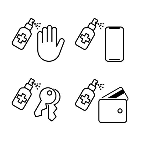 Coronavirus prevention. COVID-19. Disinfection, spray antiseptic for hand, smartphone, keys, wallet. Vector icon, illustration.のイラスト素材