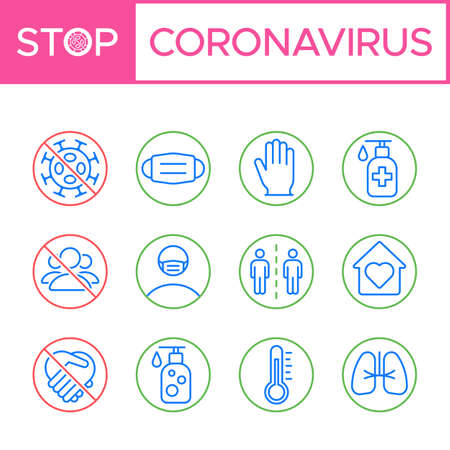 Set of coronavirus (COVID-19) prevention, safety measures, and precautions warning signs. Protect yourself and others. infographics, poster, icon set, pictogram.のイラスト素材