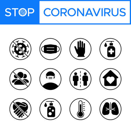 Set of coronavirus (COVID-19) prevention, safety measures, and precautions warning signs. Protect yourself and others. infographics, poster, icon set, pictogram.のイラスト素材