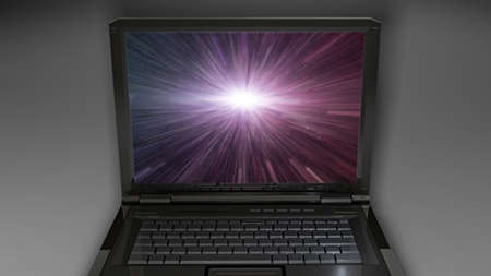 New laptop computer in front of the grey color backgroundの写真素材