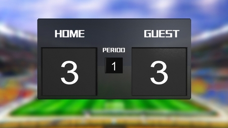 soccer match scoreboard display the goal result with out focus stadium backgroundの写真素材