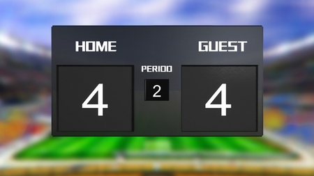 soccer match scoreboard display the goal result with out focus stadium backgroundの写真素材