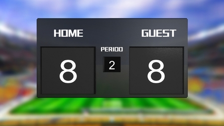 soccer match scoreboard display the goal result with out focus stadium backgroundの写真素材