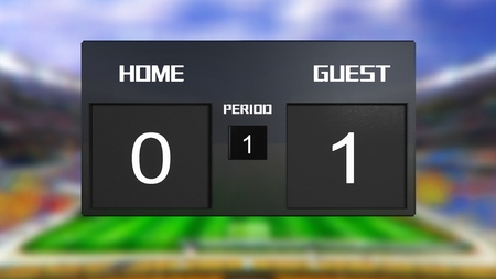 soccer match scoreboard display the goal result with out focus stadium backgroundの写真素材