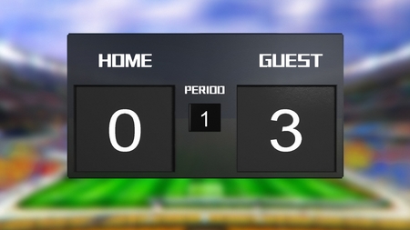 soccer match scoreboard display the goal result with out focus stadium backgroundの写真素材