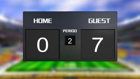 soccer match scoreboard display the goal result with out focus stadium backgroundの写真素材