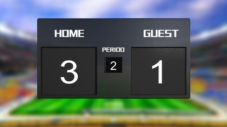 soccer match scoreboard display the goal result with out focus stadium backgroundの写真素材