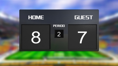 soccer match scoreboard display the goal result with out focus stadium backgroundの写真素材