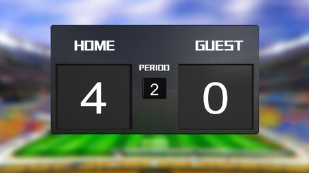 soccer match scoreboard display the goal result with out focus stadium backgroundの写真素材
