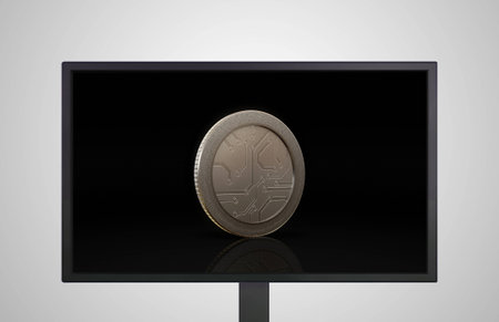 digital currency image is show on monitor display representing the software-based payment system from internet conceptの写真素材