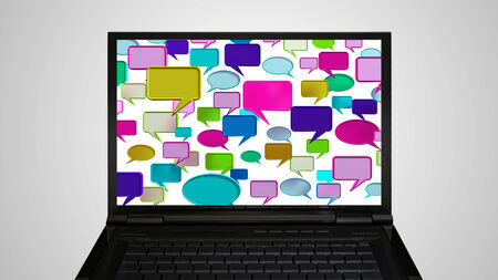 conversation icon is on the monitor display representing the social network concept