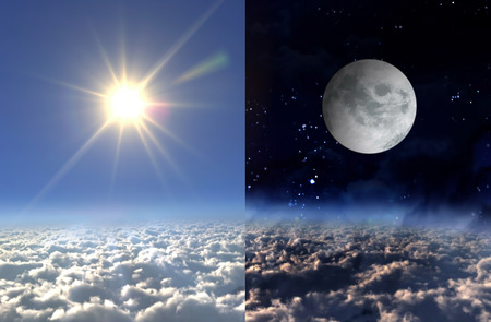 Sun and moon of day and night seperate screen conceptの写真素材